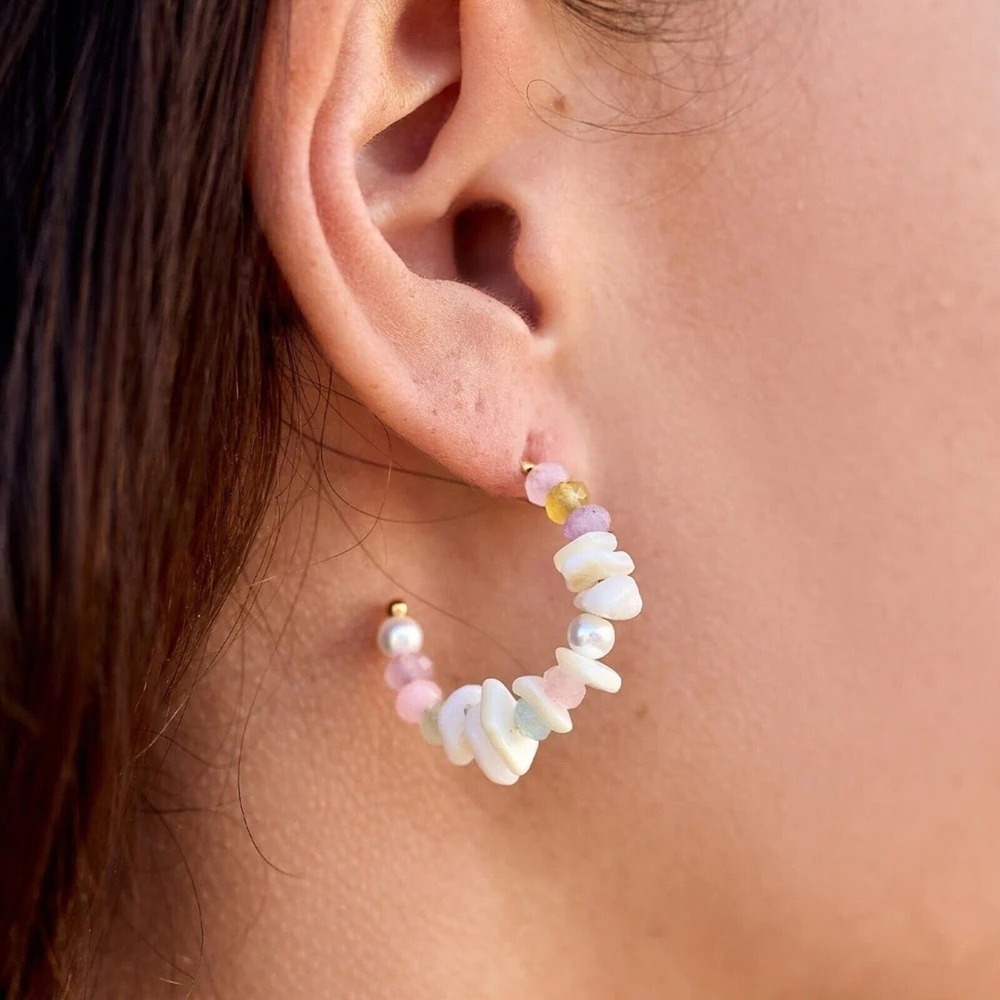 Pura Vida Hoop Earrings Pastel Mother of Pearl Quartz Beaded Boho Beachy Jewelry